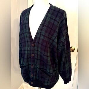Vintage Claiborne Tartan Plaid Knit Cardigan Sweater XL Oversized slouchy